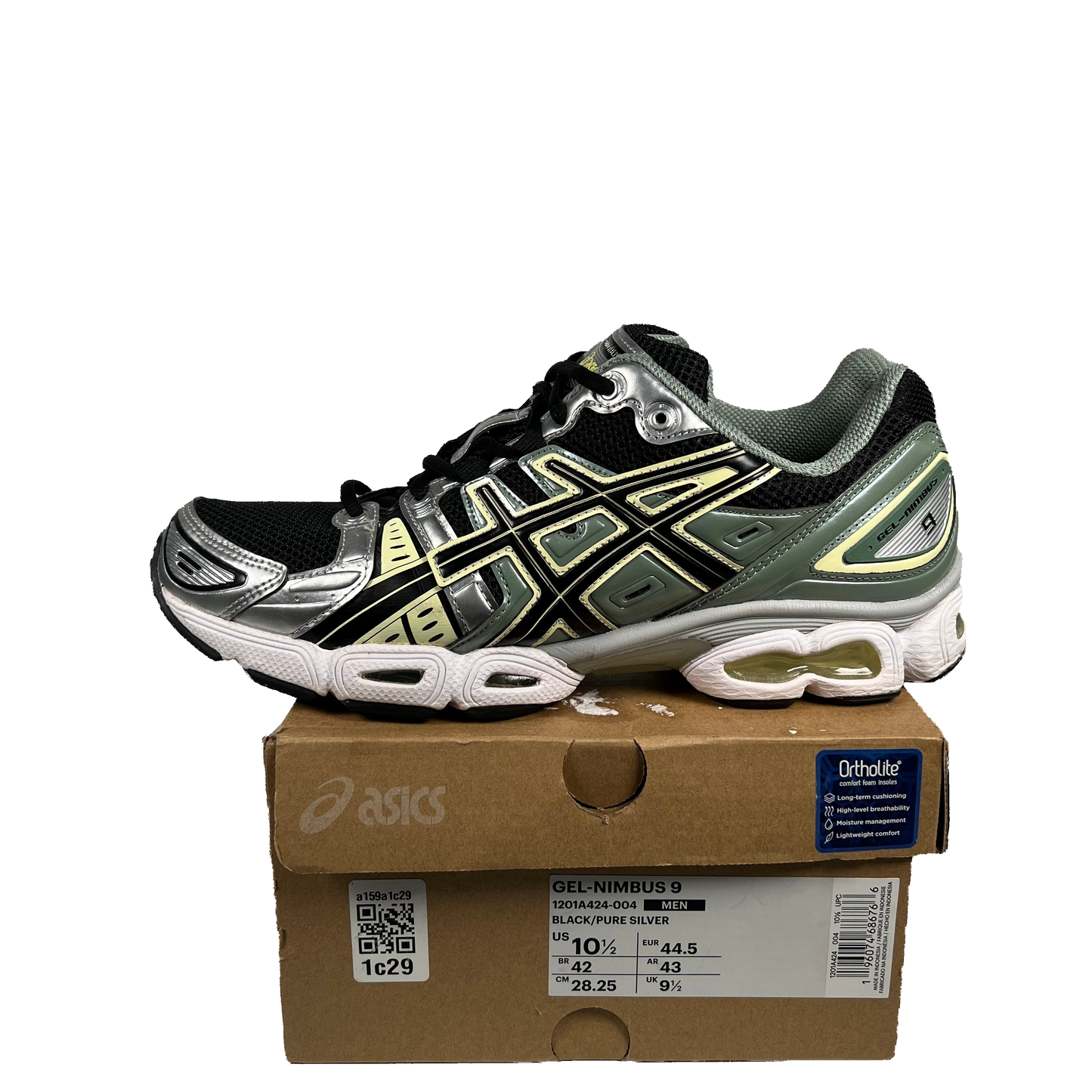 Asics Gel-Nimbus 9 Black Green Yellow Silver (2023) Size 10.5 USED s17858