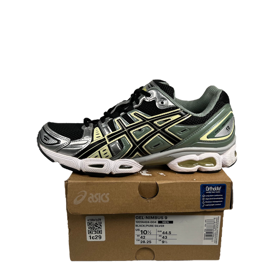Asics Gel-Nimbus 9 Black Green Yellow Silver (2023) Size 10.5 USED s17858