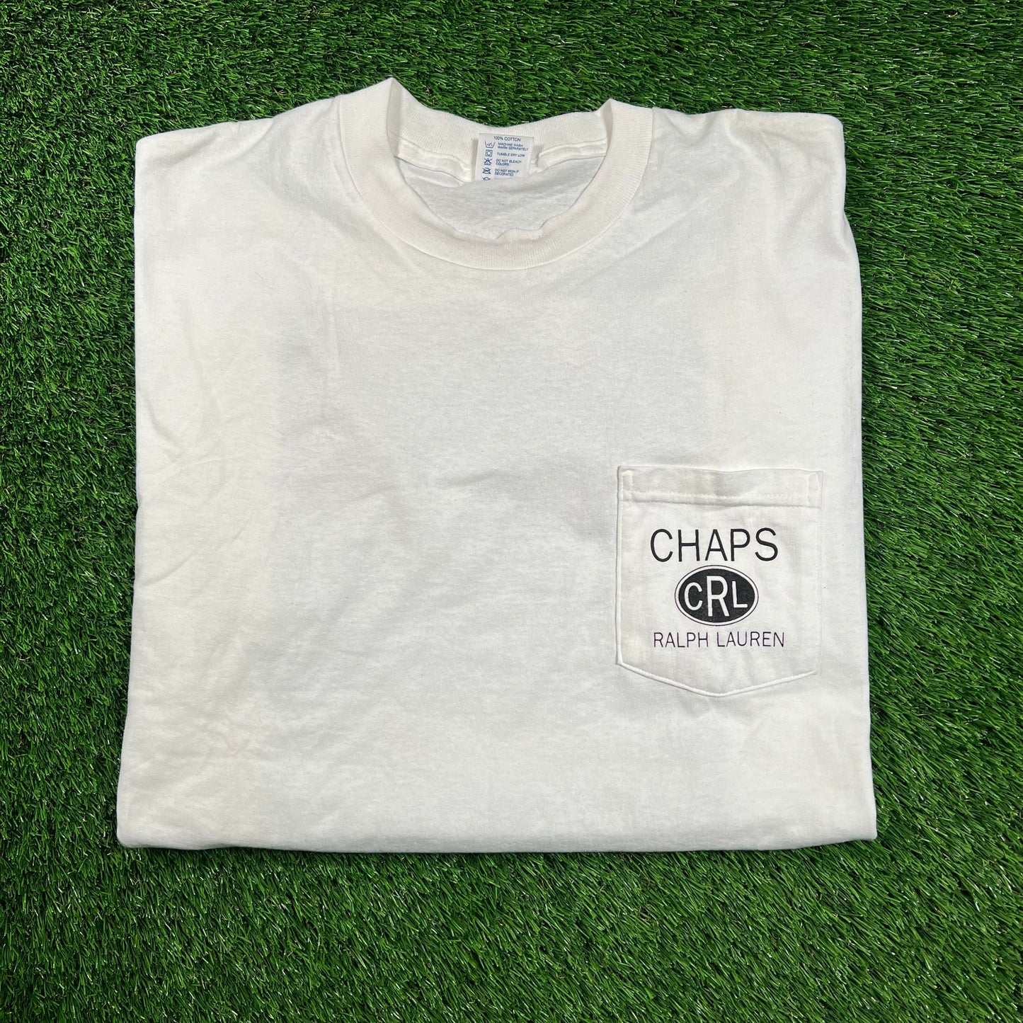 1990s Palph Lauren Chaps CRL White Pocket Tee Size XL USED v18383