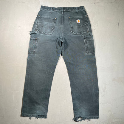 Y2K Carhartt Washed Black Thrashed Double Knees Size 34 USED v19550