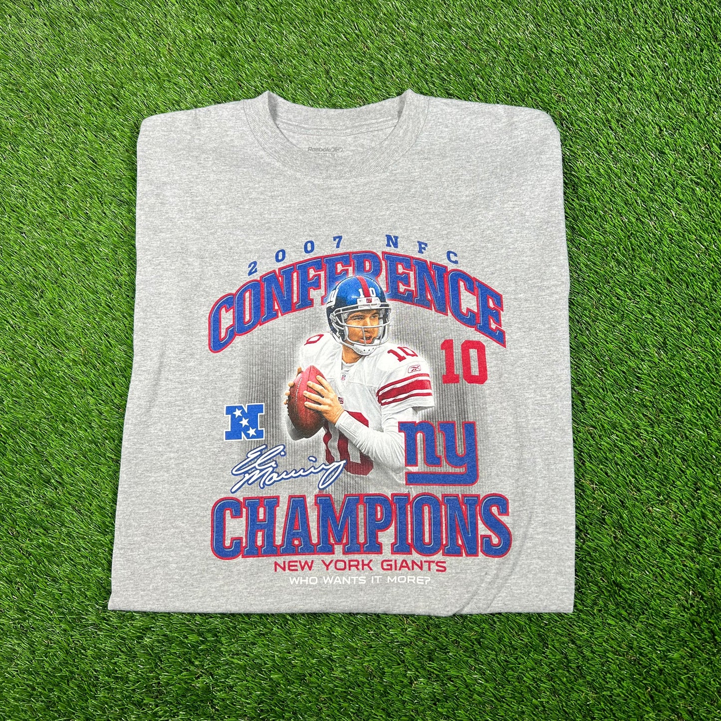 2007 Giants Eli Manning NFC Champs Grey Tee Size XL USED v17647