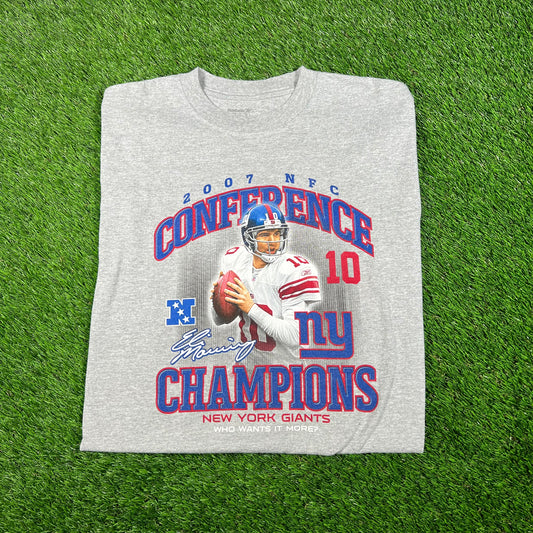 2007 Giants Eli Manning NFC Champs Grey Tee Size XL USED v17647