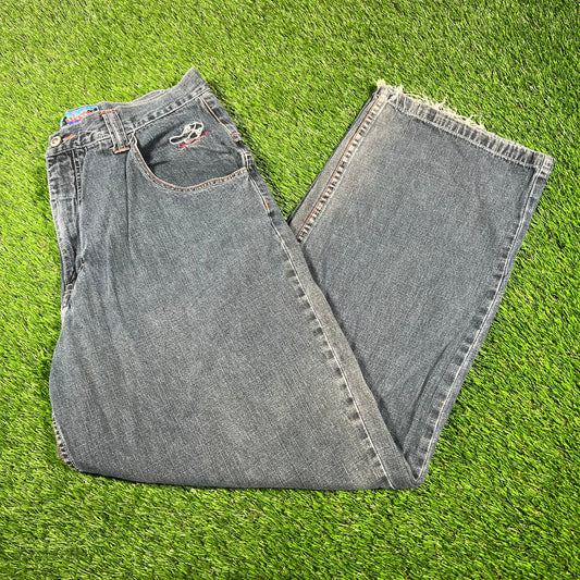 Y2K Paco Sports Embroidered Patched Grey Jean Size 34x32 USED v17021