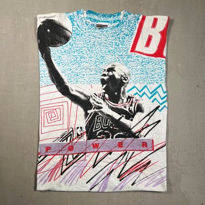 Michael Jordan Magic Johnson Tag Full Print White/Blue Tee Size Large USED v10449