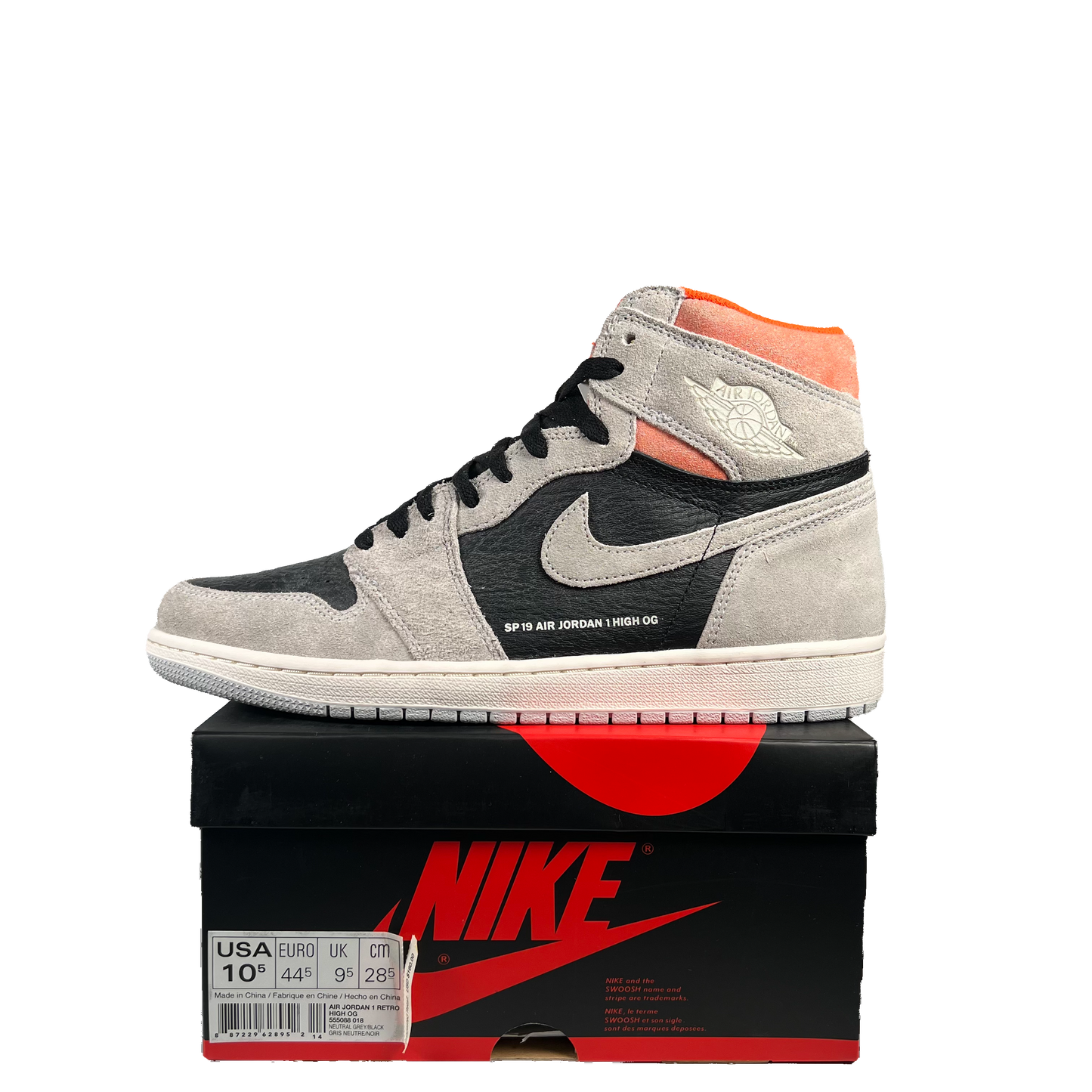 Jordan 1 High Grey Hyper Crimson Size 10.5 NEW s13668