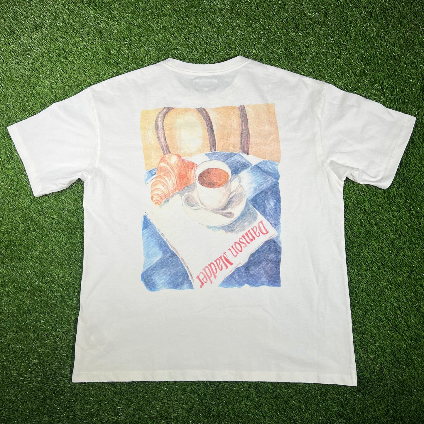 Damson Madder Croissants and Coffe White Tee Size XL USED v17456