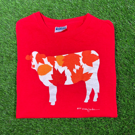 1989 Cow With Leafs Red Tee Size Large USED v16947