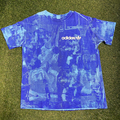 1990s Adidas Puff Print AOP Blue Tee Size XL USED v16074