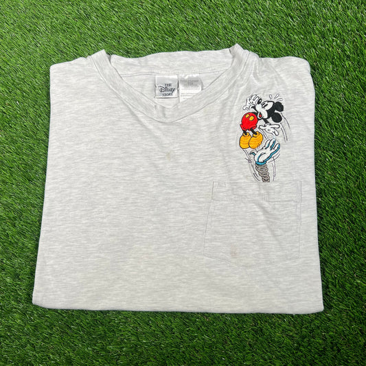 Y2K Disney Mickey Mouse Grey Pocket Tee Size XL USED v17590