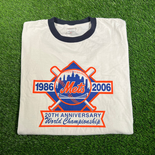 2006 Mets 20th Anniv Ringer White Tee Size XL USED v18125