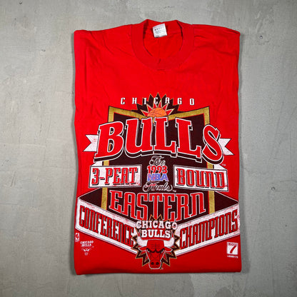 1993 Chiacgo Bulls 3 Peat Eastern Champs Red Tee Size XL USED v17808
