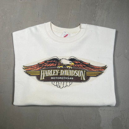 1980s Harley Davidson White Crewneck Thrashed Size XL USED v19380