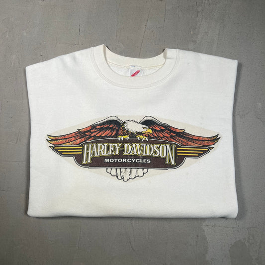 1980s Harley Davidson White Crewneck Thrashed Size XL USED v19380