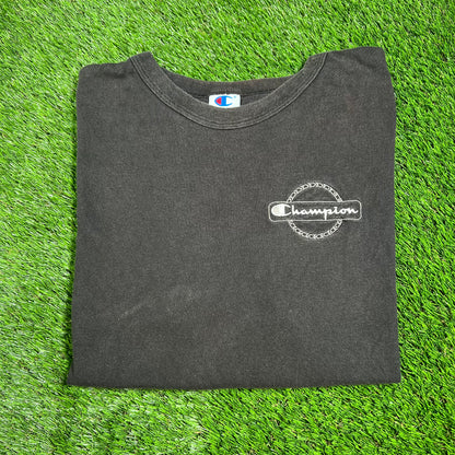 Y2K Champion Left corner Logo Black Tee Size XXL USED V16544