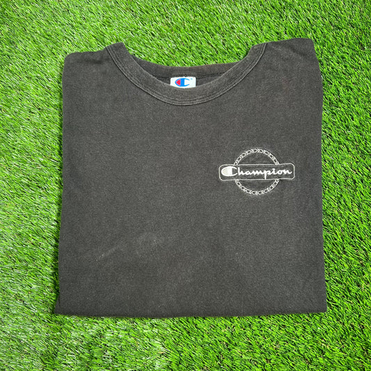 Y2K Champion Left corner Logo Black Tee Size XXL USED V16544