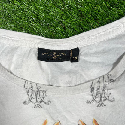 Y2K Christian Audigier Golden Lion White Tee Size 4XL USED v17433