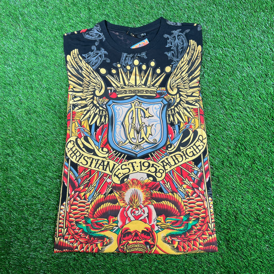 Christian Audigier Flaming Skull AOP Tee Size Small (tagged XL) NEW v18053