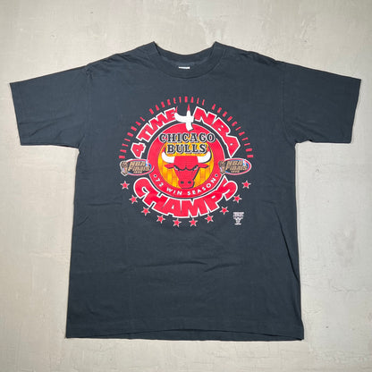 1996 Chicago Bulls 4 Time Champs Logo 7 Tag Black Tee Size XL USED v16280
