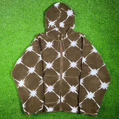 Billionaire Girls Club Brown AOP Deep Pile Fleece Hooded Jacket Size XL USED x15298