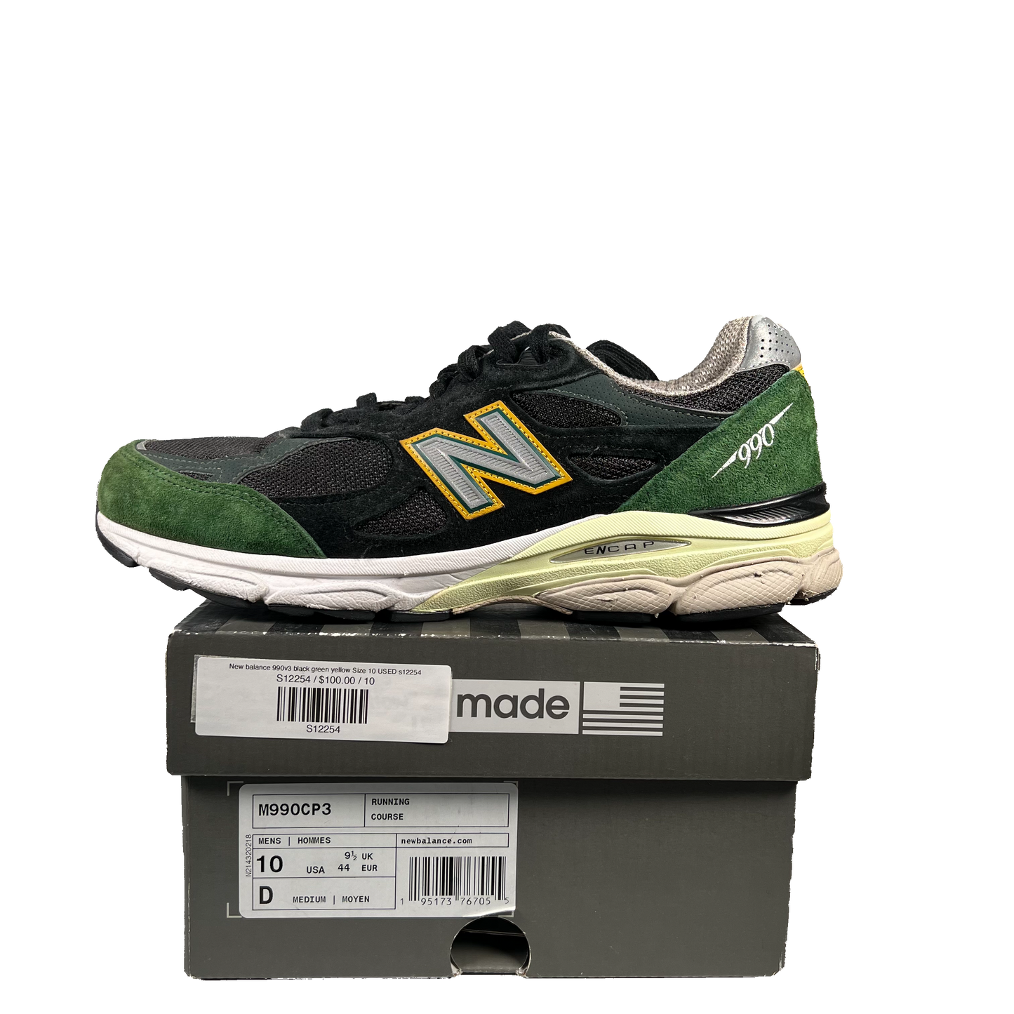 New balance 990v3 black green yellow Size 10 USED s12254