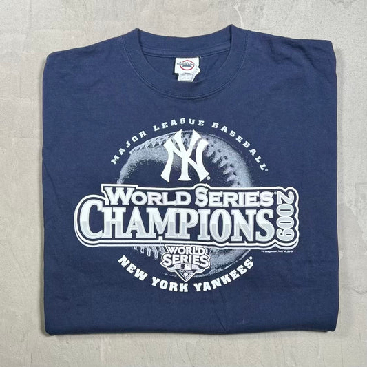 2009 New York Yankees World Series Champs Navy Blue Tee Size Large USED v20293