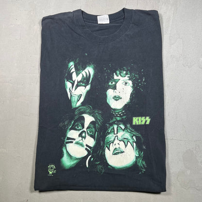 1996 Kiss GLow In Dark 4 Faces Washed Black Tee Size XL USED v19238