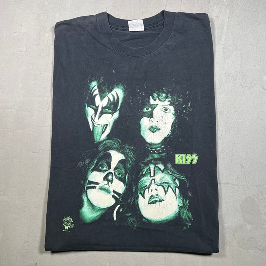 1996 Kiss GLow In Dark 4 Faces Washed Black Tee Size XL USED v19238