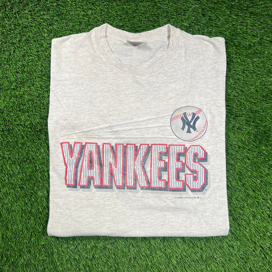 1997 New York Yankees Spellout Grey Tee Size XL USED v18471