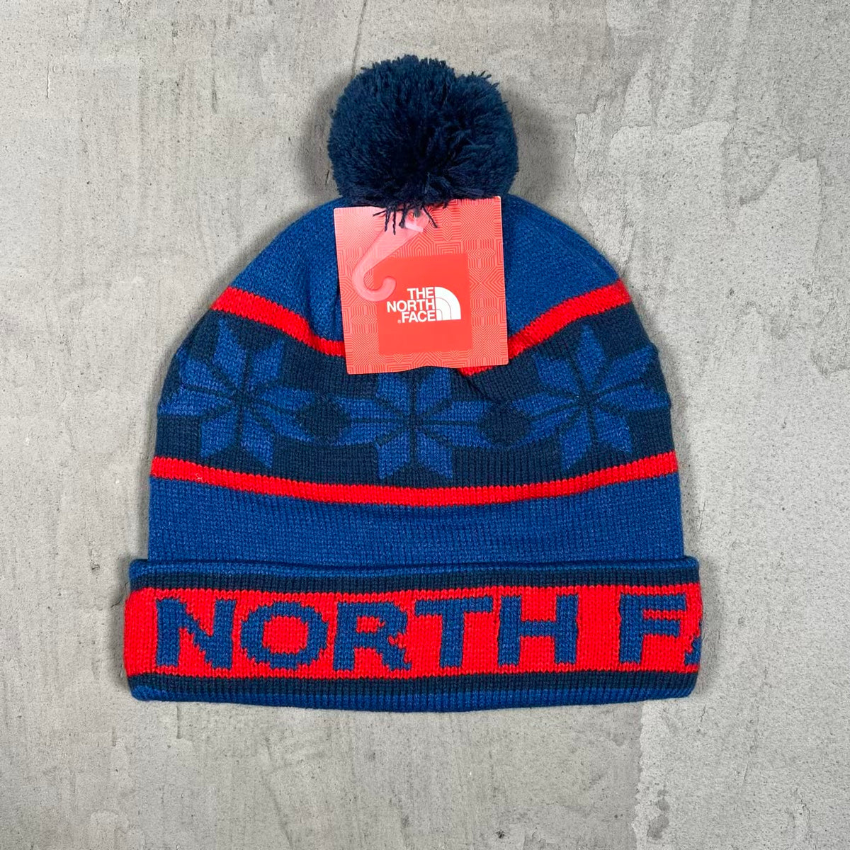 North Face Blue/Red Pom Pom Beanie NEW v20368