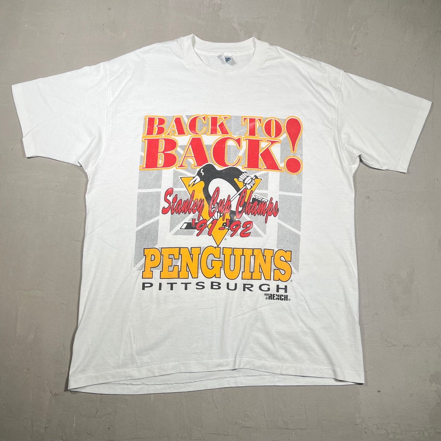 1992 Penguins Stanley Cup Champs White Tee Size XL USED v16675
