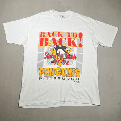 1992 Penguins Stanley Cup Champs White Tee Size XL USED v16675