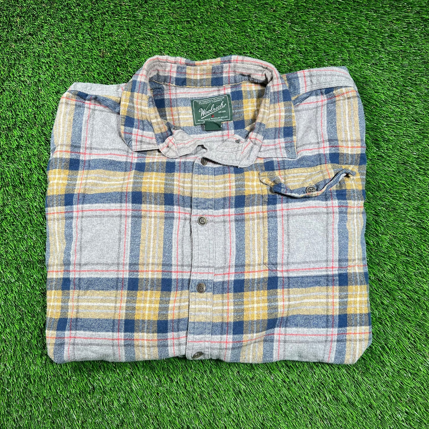 Y2K WoolRich Grey/Yellow Button Up Flannel Size XXL USED v18597