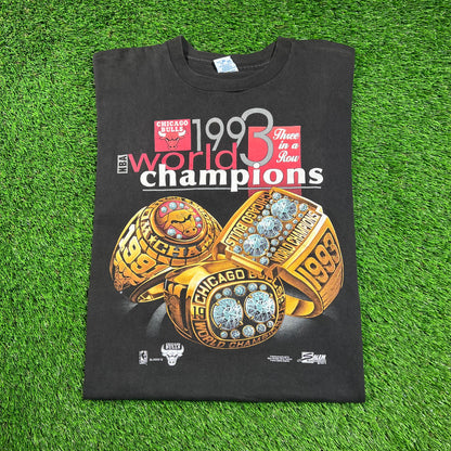1993 Chicago Bulls Black World Champs Tee (DRYROT) Size Large USED v18388