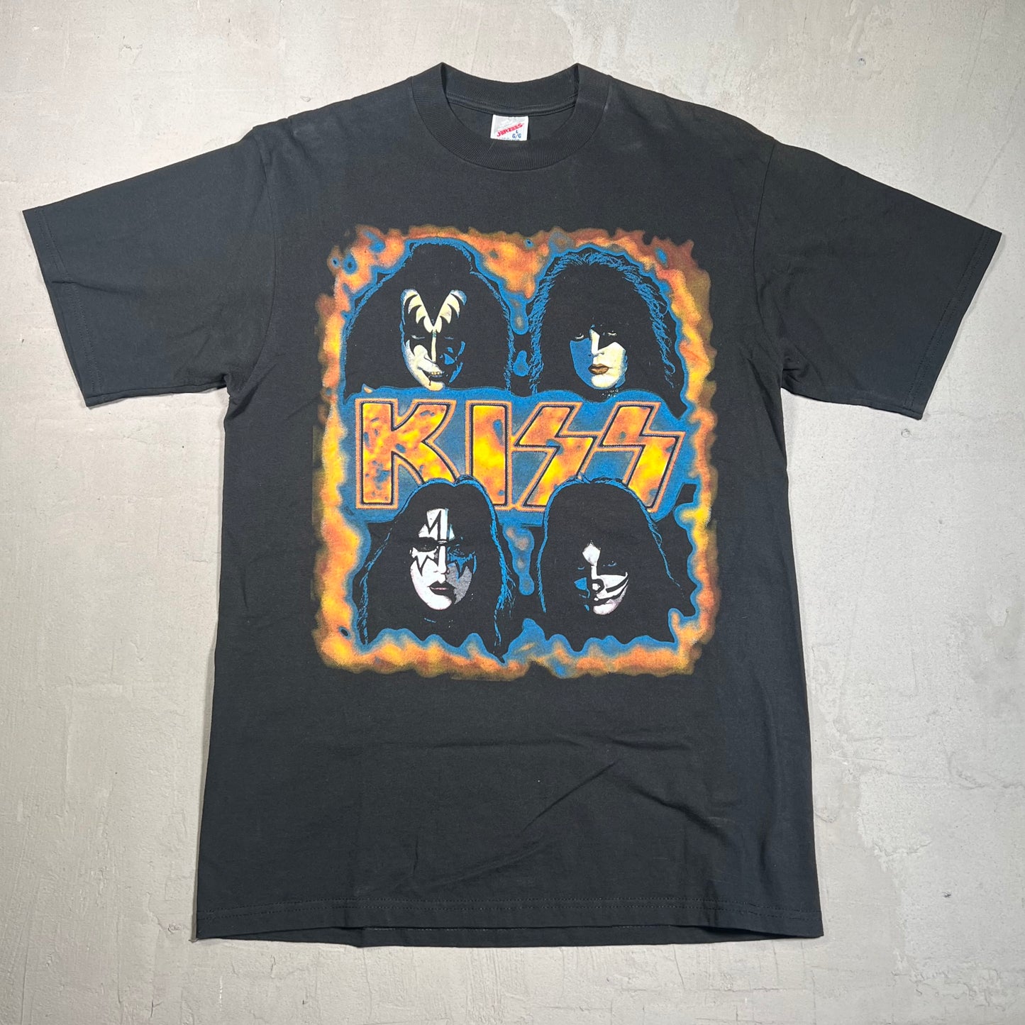 1996 Kiss Tour 4 Faces in Flames Black Tee Jerzees tag Size Large USED v13846