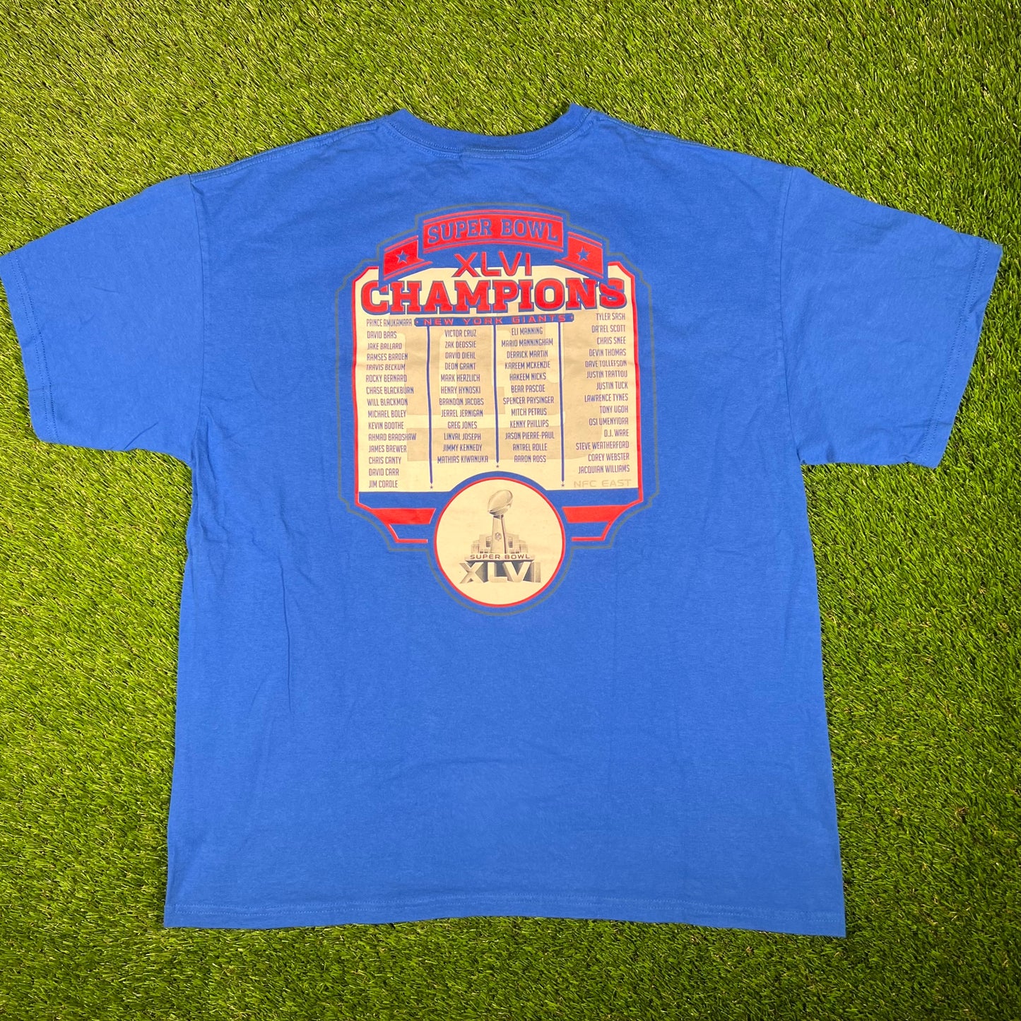 2012 New York Giants Blue Super Bowl Champions Tee Size XL USED v17495