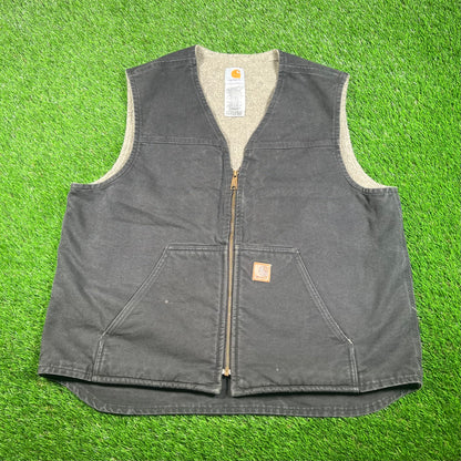 Y2K Carhartt Black Washed Duck Sherpa Lined Vest Size XL USED v17548