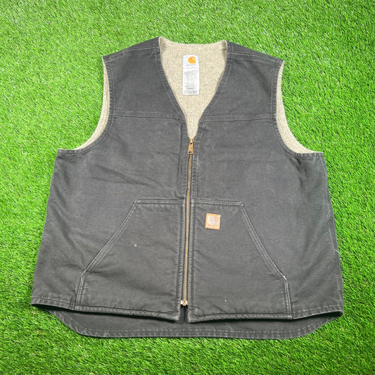 Y2K Carhartt Black Washed Duck Sherpa Lined Vest Size XL USED v17548
