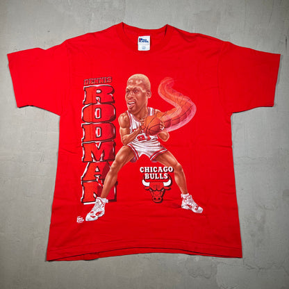 1990s Dennis Rodman Chicago Bulls Pro Player Tag Red Tee Size Large USED v17800