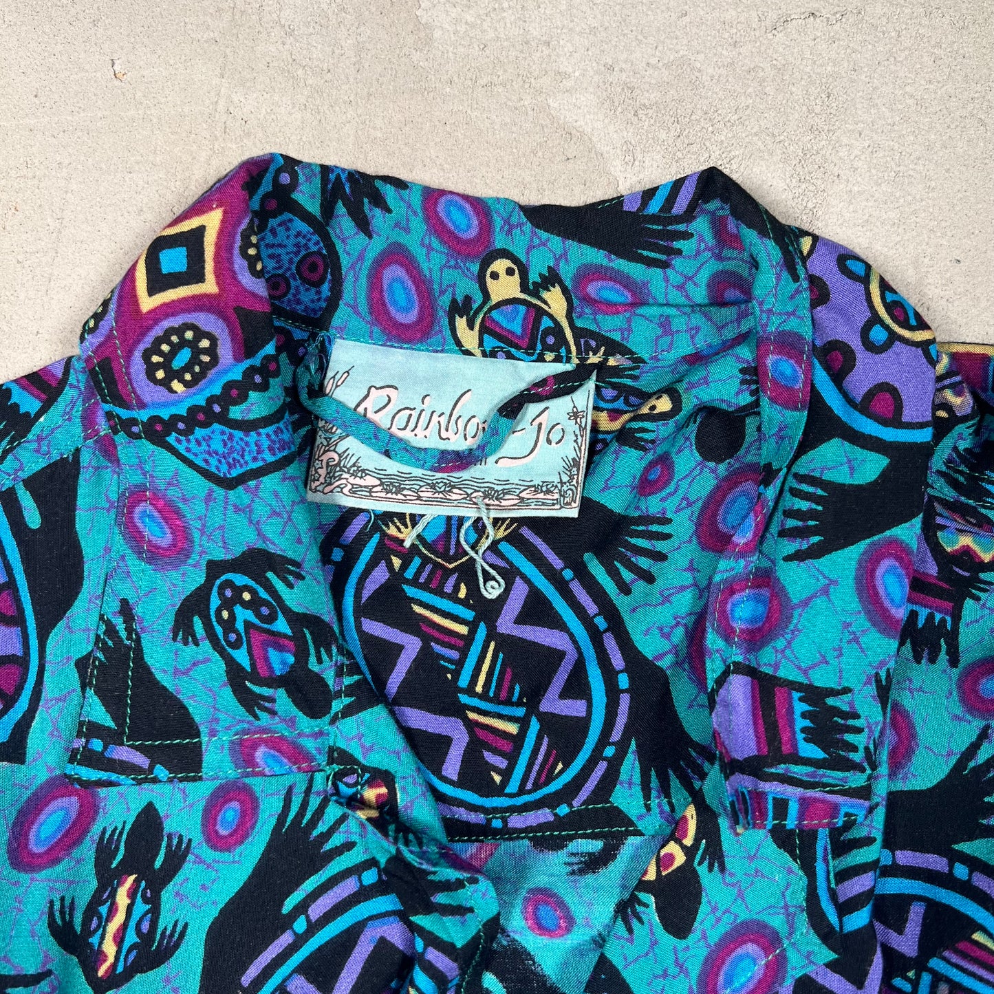 1990s Rainbow Jo Aqua Print Button Up Tee Size Large USED v19137