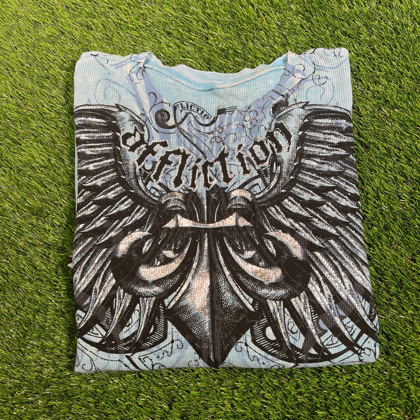 Affliction Blue Waffle Thermal Longsleeve Size Small USED v18170