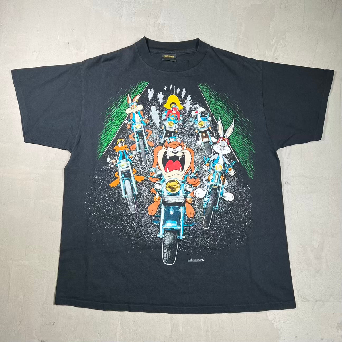 1993 Looney Tunes Biker Crew AOP Black Tee Size XL USED v20195