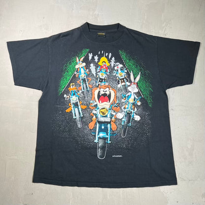 1993 Looney Tunes Biker Crew AOP Black Tee Size XL USED v20195
