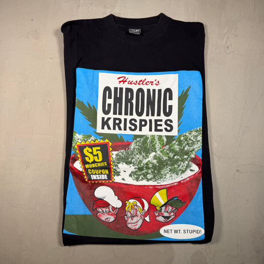 Y2K Hustlers Chronic Krispies Cannabis Black Tee Size XXL USED v17811