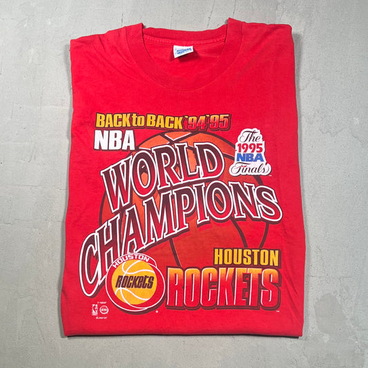 1995 Houston Rockets Red Back to Back Champs Tee Size Medium USED v15178