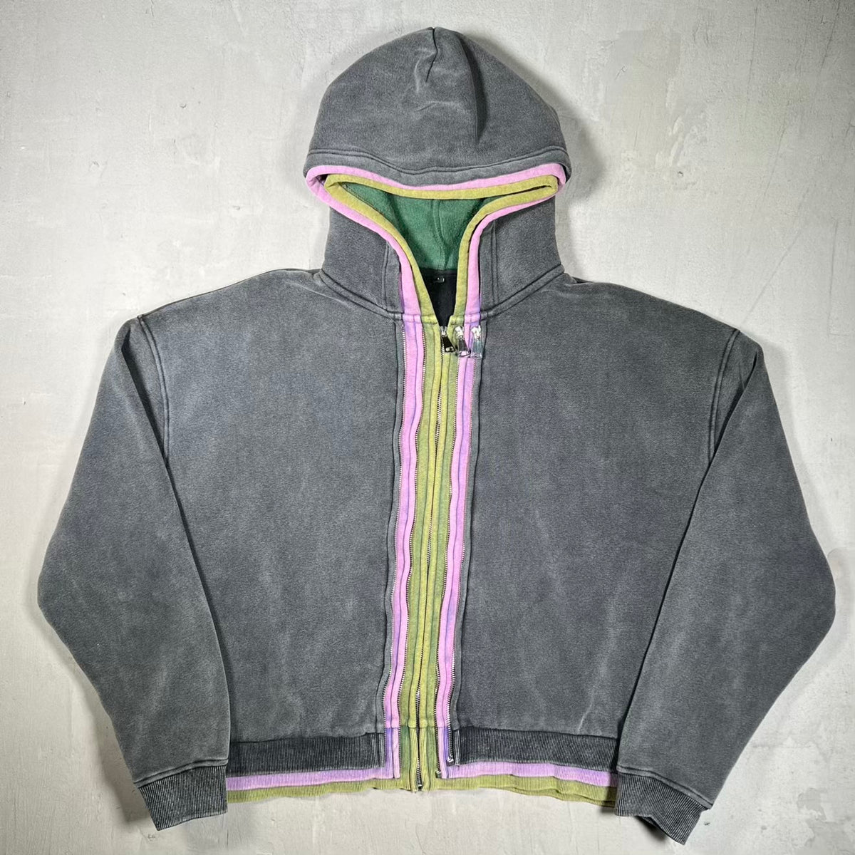 GV Gallery Raspberry Hills 3 Zip Spliced Washed Black Hoodie Size Large USED x18618