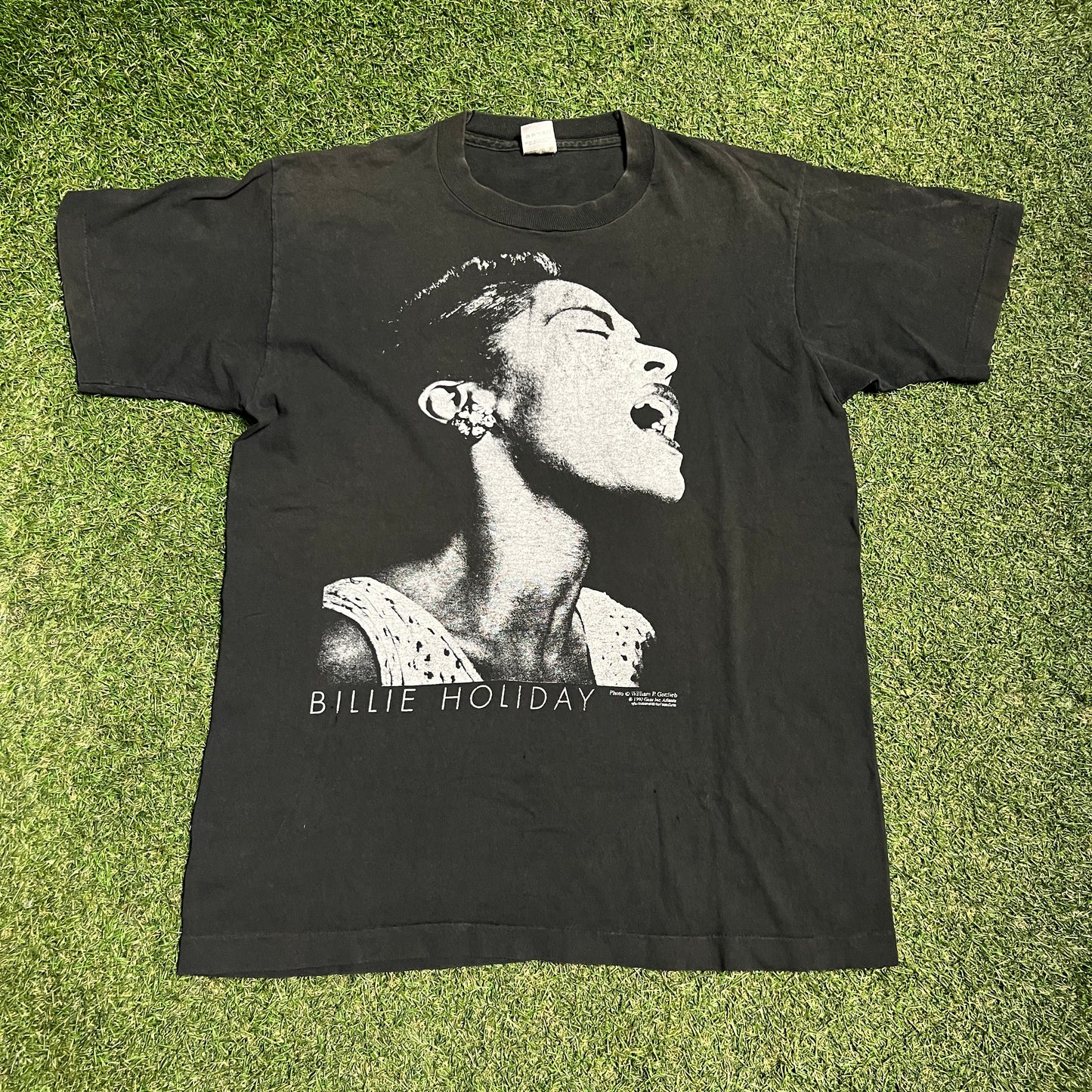 1990 Billie Holiday Big Face Black Tee Size Large USED v16084