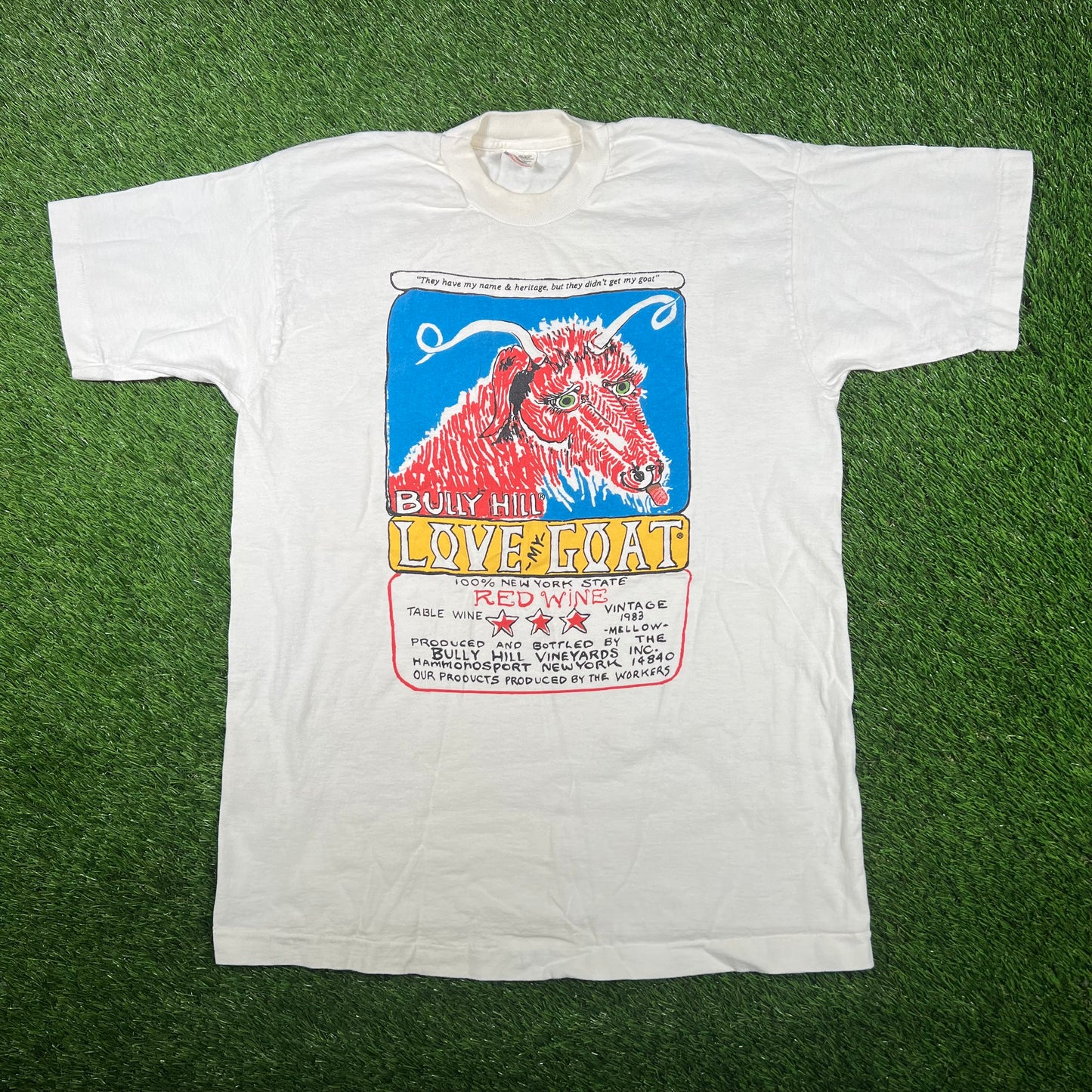1983 Bully Hill Love my Goat Red Wine White Tee Size Large USED v17205