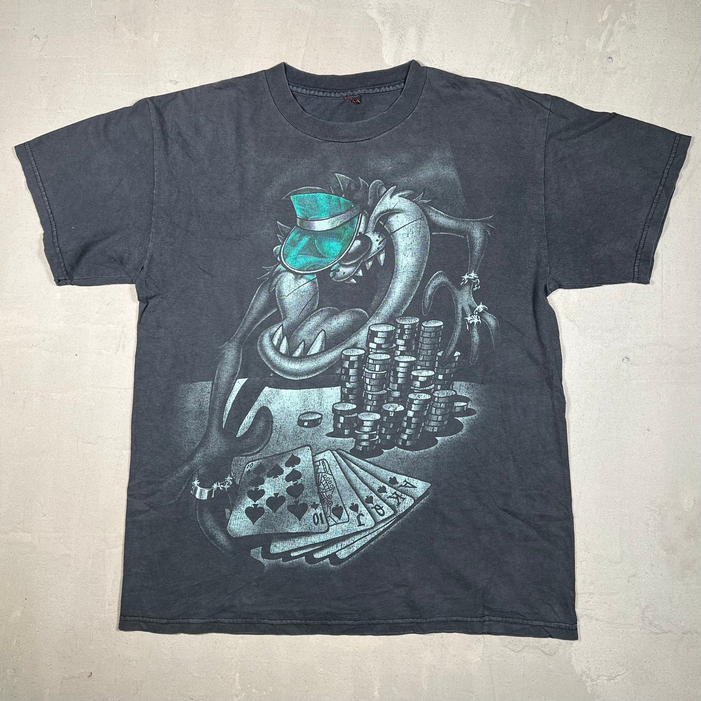 1990s Taz Poker Washed Black tee Size Large USED v19104