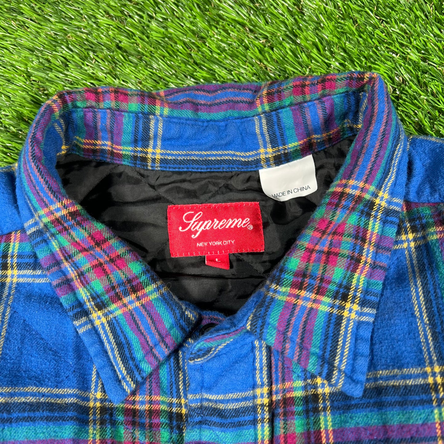 Supreme Quilted Plaid Flannel Shirt 'Dusty Royal' (2021) Size Large USED x14833