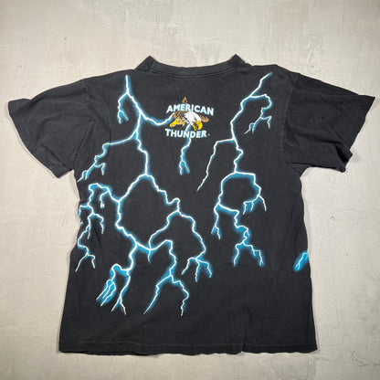 1990s American Thunder Native American AOP Black Tee Size Large USED v17917